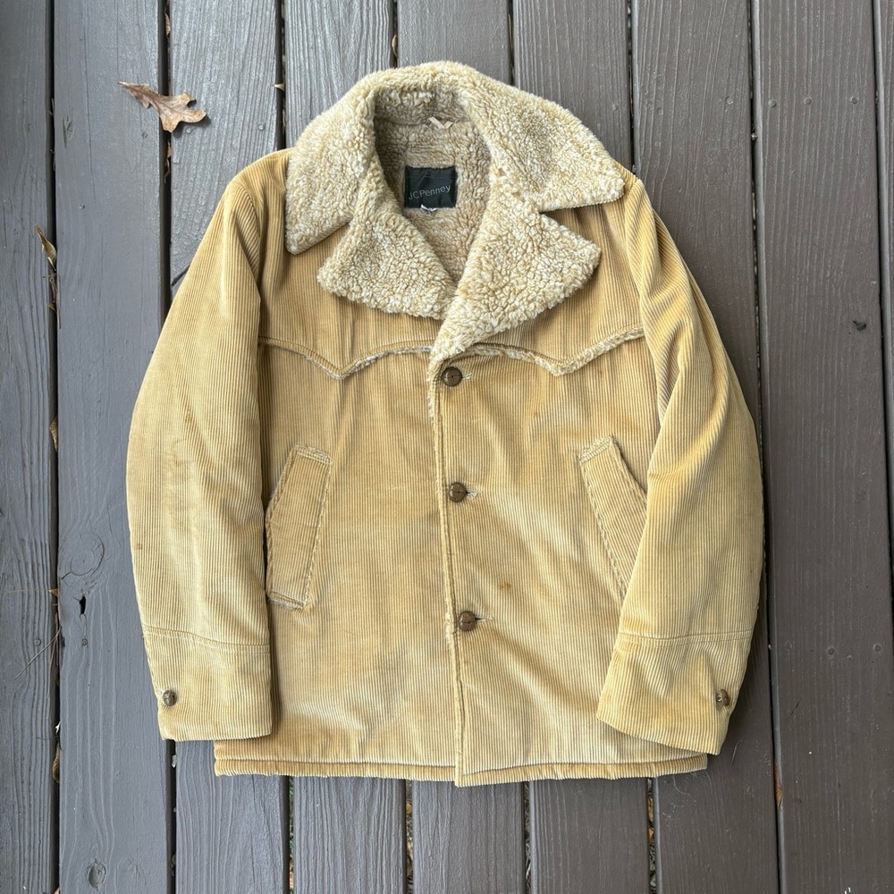 Vintage JCPenney Jacket Mens 40 M Tan Corduroy Sherpa Lined Western Coat 70s 80s